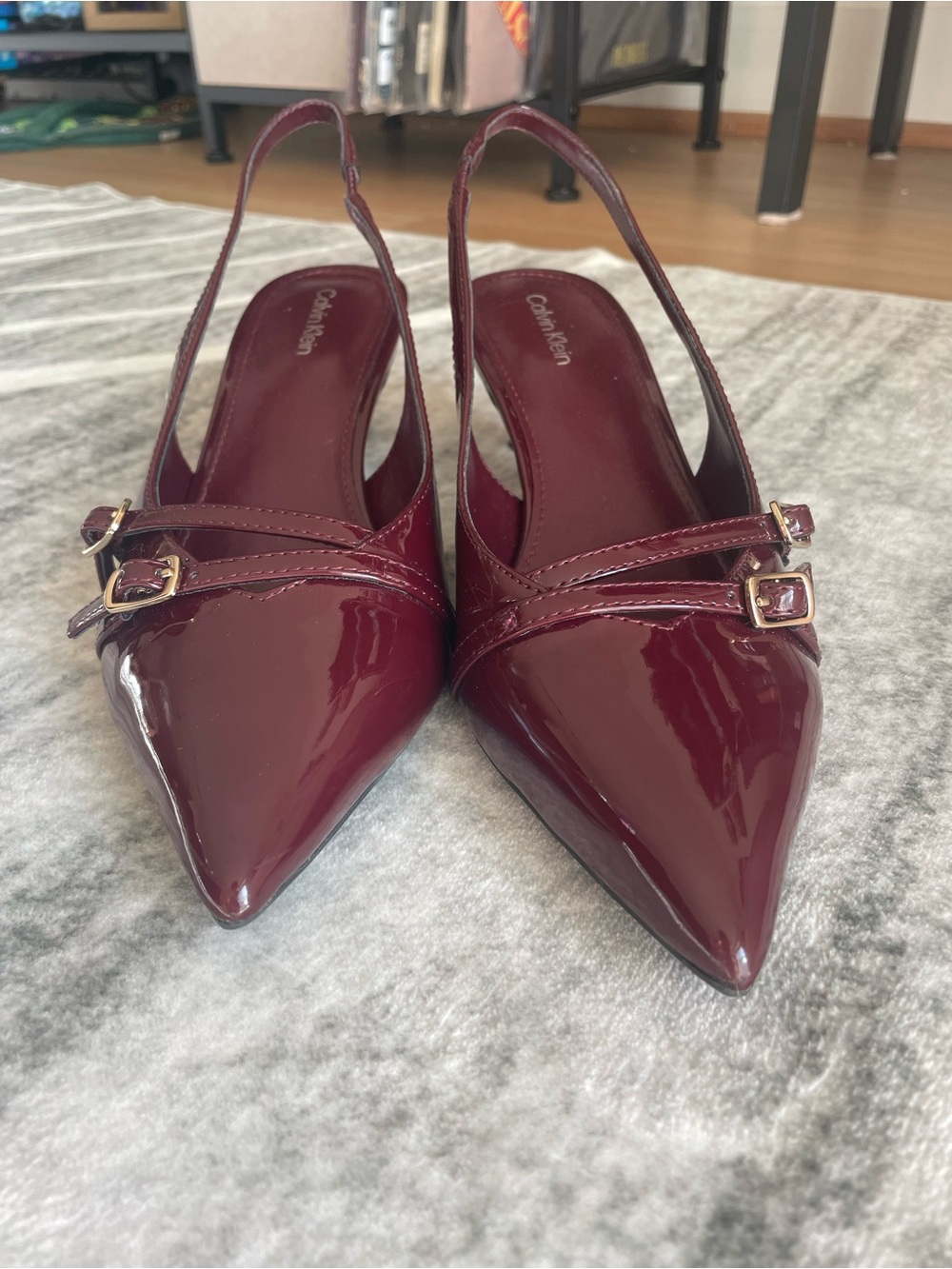 Calvin Klein Glossy Burgundy Patent Pointed Slingback Pumps - Picture 2 of 6